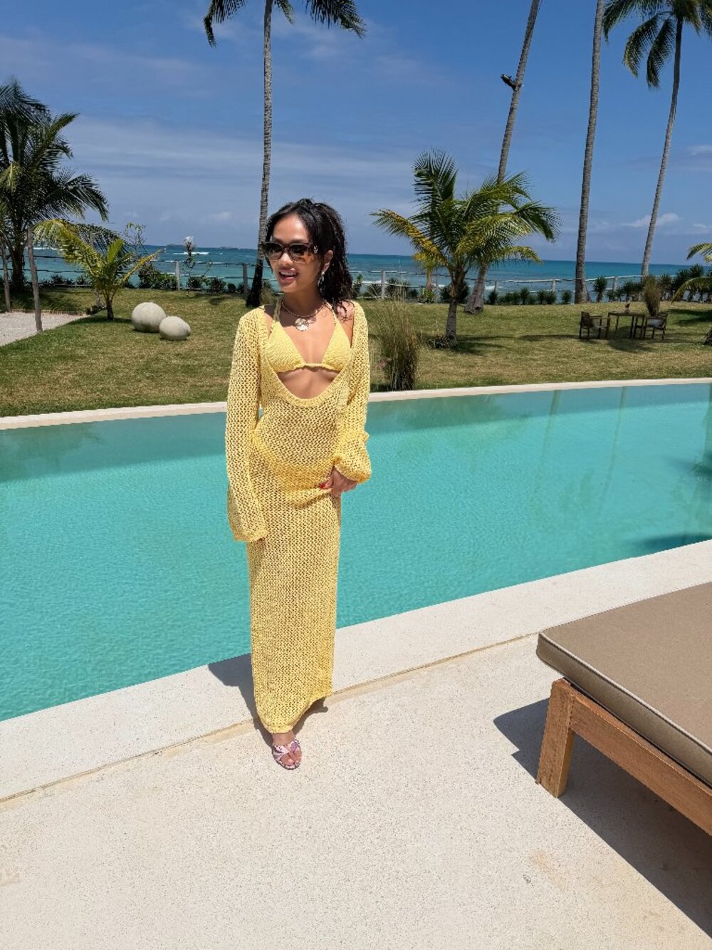 MONDAY SWIM Butter Yellow Crochet Cover-Up & Textured Bikini Top Set
